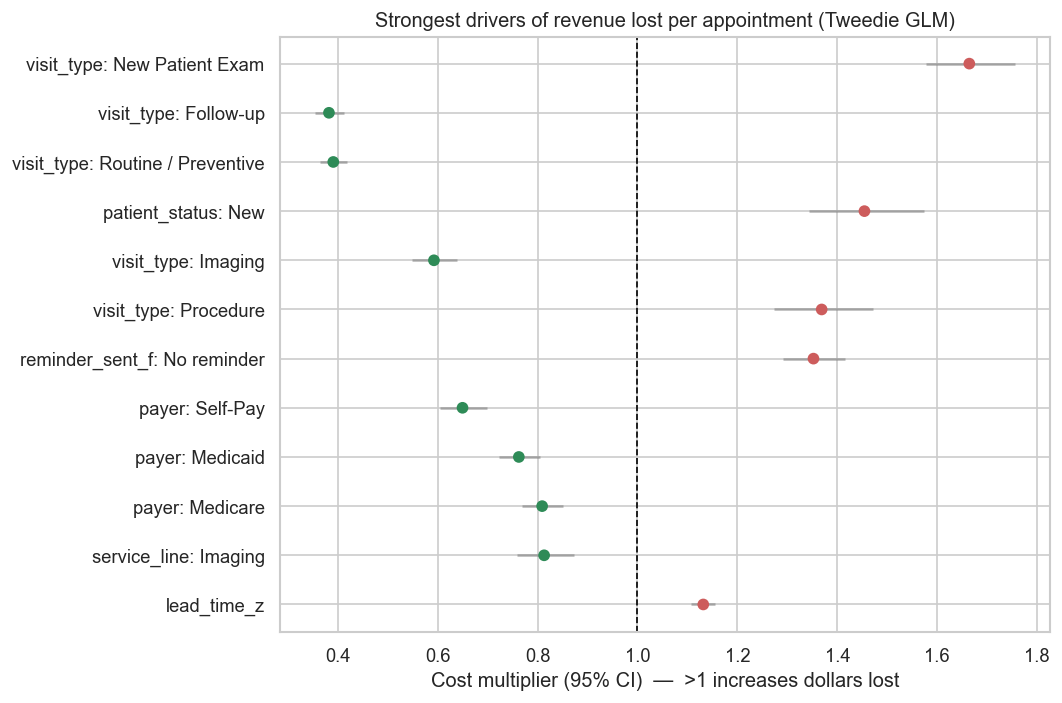 Strongest drivers of revenue lost per appointment from the Tweedie model